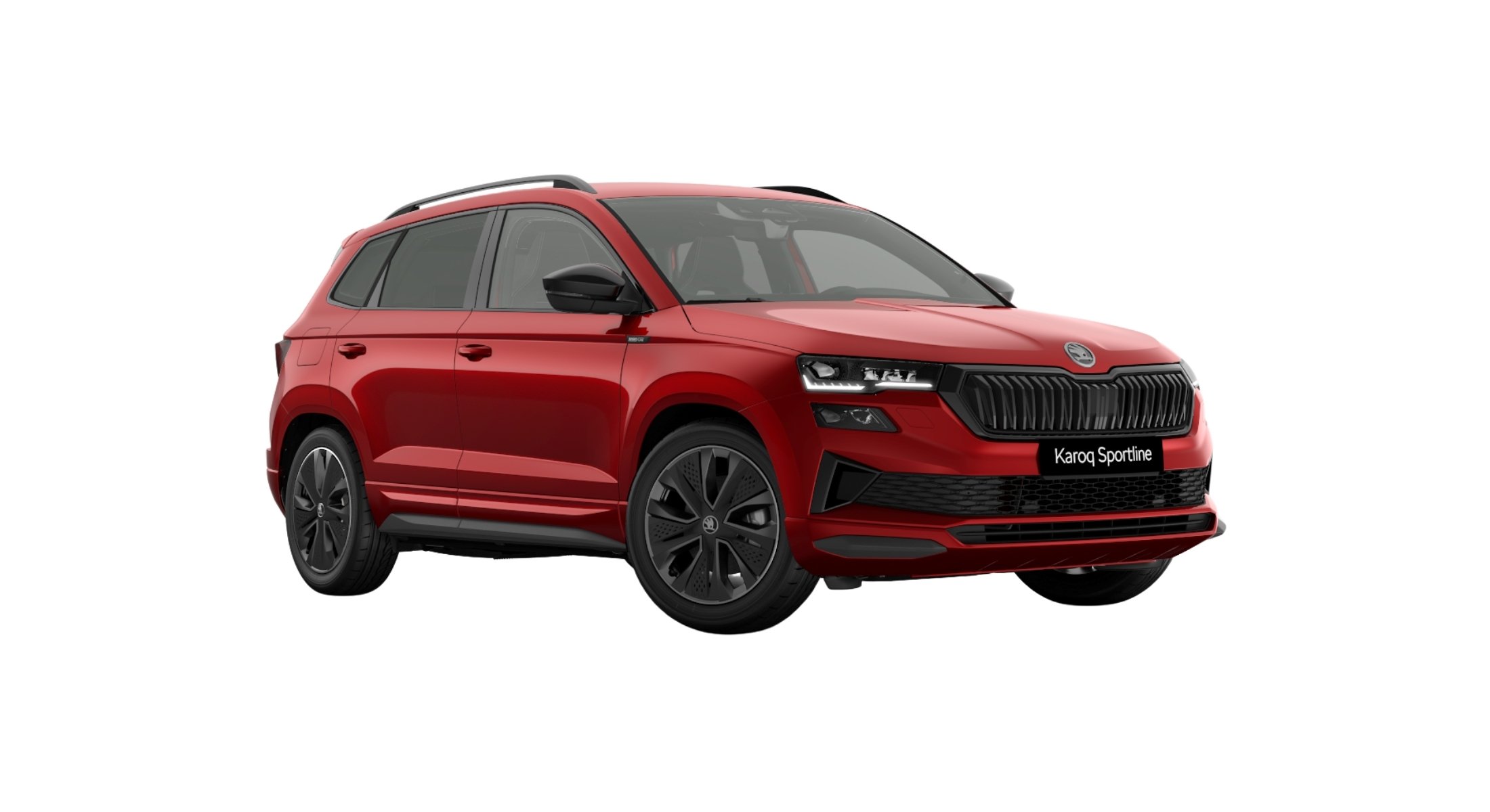 Der Skoda Karoq Sportline in der Farbe Velvet-Rot Metallic.