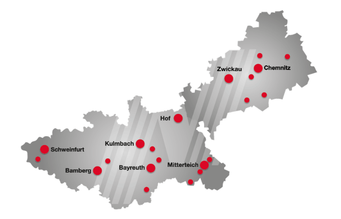 Karte von Nordbayern und Teil Sachsens mit den Standorten von Motor-Nützel