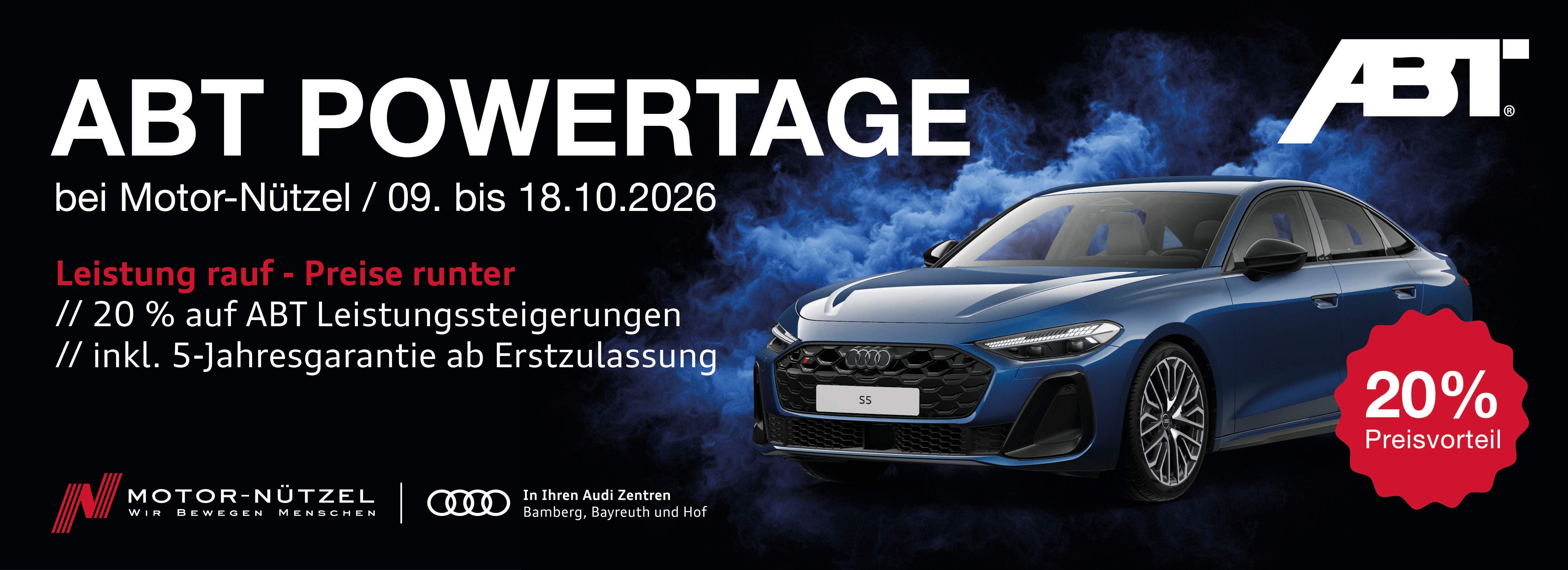 Ein blauer Audi vor dem ABT Logo