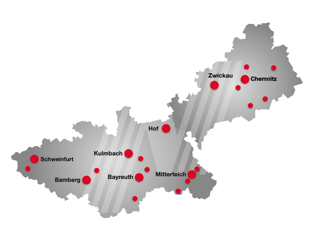 Karte von Nordbayern und Teil Sachsens mit den Standorten von Motor-Nützel